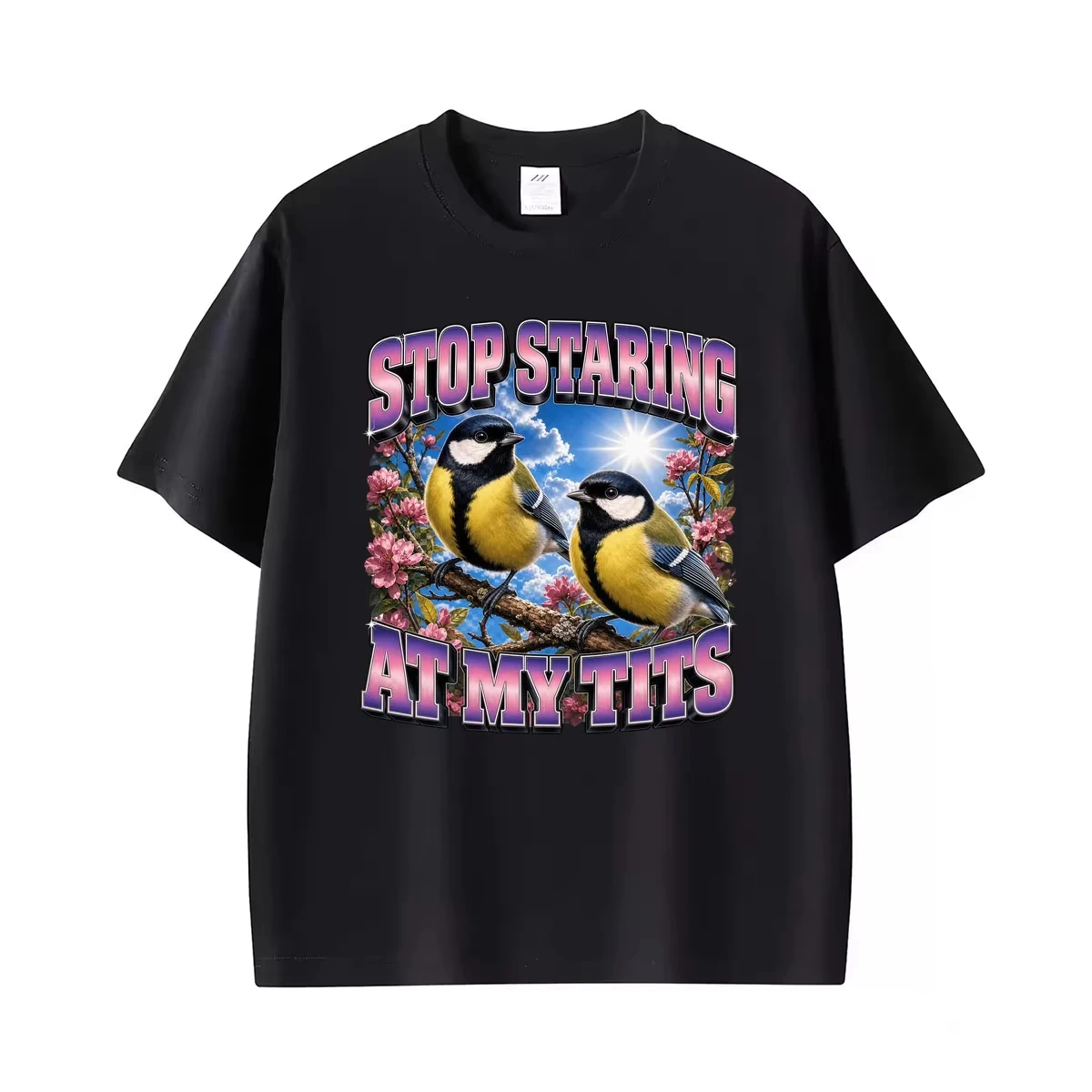 Stop Staring At My Tits Funny Bird Meme Graphic T-shirt Men Women Clothing Fashion Humor T Shirts Summer Tops 100% Cotton Tshirt
