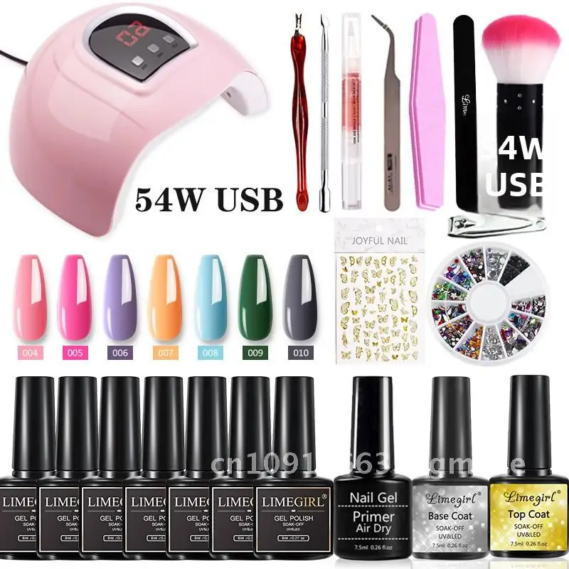 Limegirl Kit de esmalte em gel com lâmpada UV de 54 W - Conjunto de ferramentas de esmalte em gel de cores populares com revestimento superior fosco