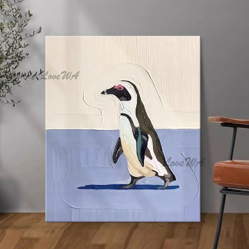 Modern Art Pictures, Cute Penguin Canvas Handmade Oil Painting, Frameless, New Arrival Acrylic Artwork, Home Wall Decoration