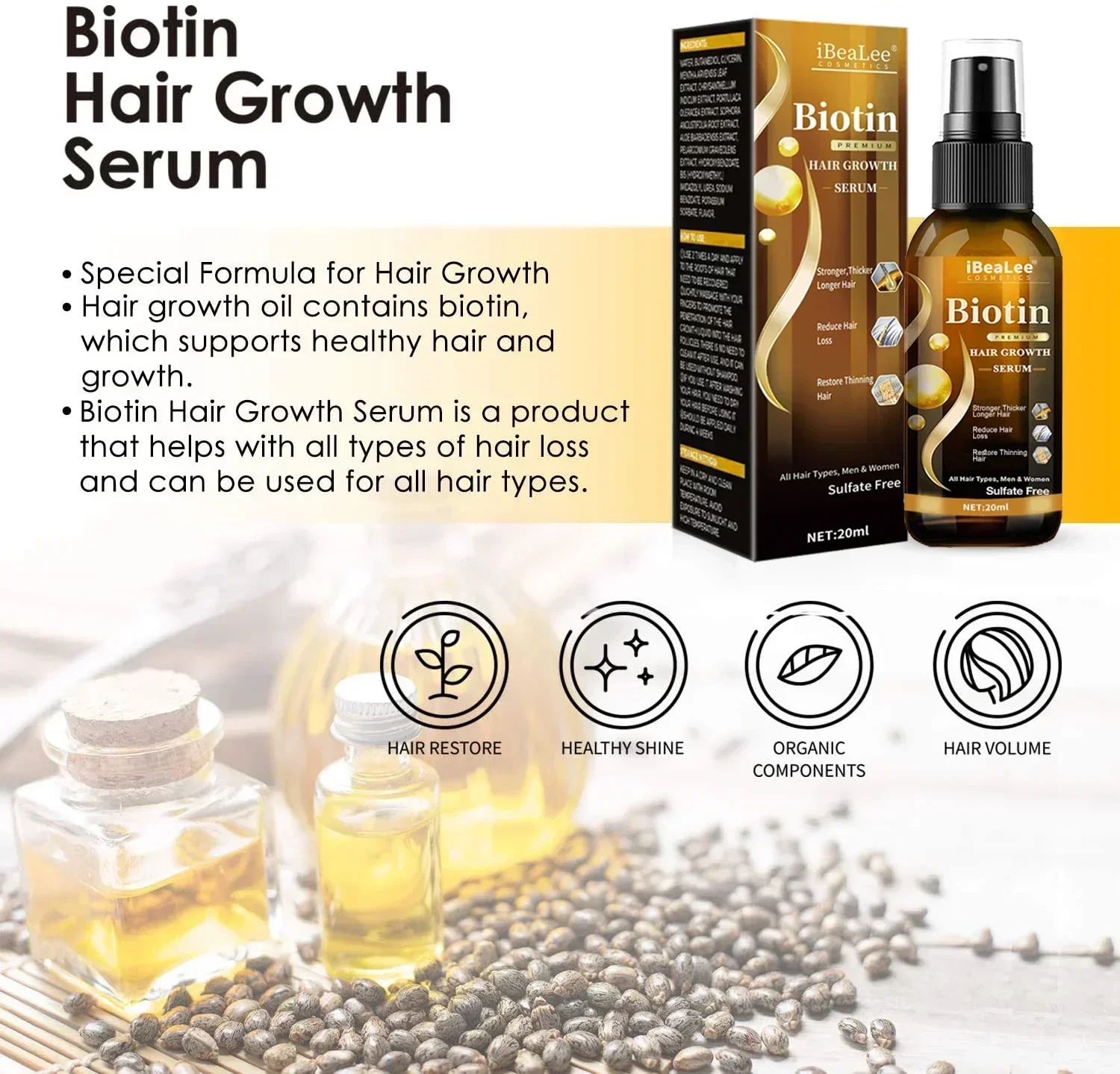 iBeaLee Hair Growth Products Biotin Anti Hair Loss Spray Scalp Treatment Fast Growing Hair Care Essential Oils For Men Women