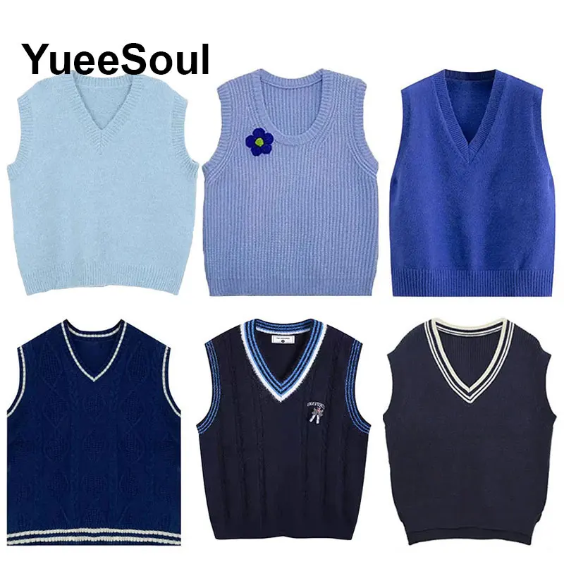 

Solid Blue Sweater Vest Y2K Elegant Sweet Cute High Street Preppy Style Women Waistcoat 2025 New Sleeveless Loose Knitwear