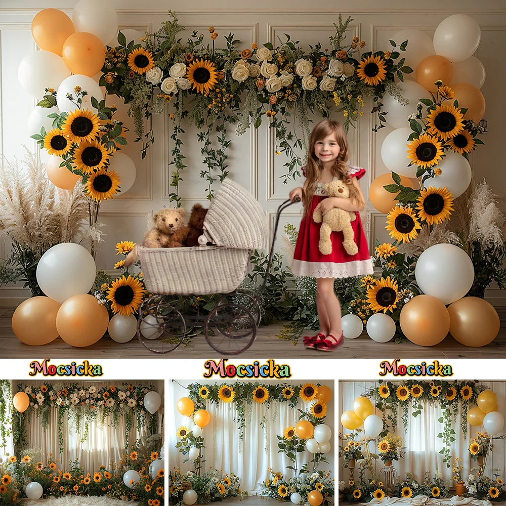 Sweet Sunflower Girl Birthday Photography Background Flowers Retro White Wall Balloon Backdrop Decor Children Photo Stuido Props