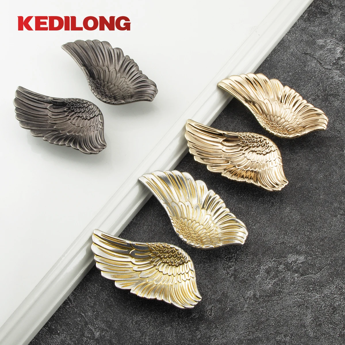 KEDLO Furniture Hardware Luxury Angel Wings Gold Handle Kitchen Cabinet Zinc Alloy Ancient Silver Handle Drawer Wardrobe Handle