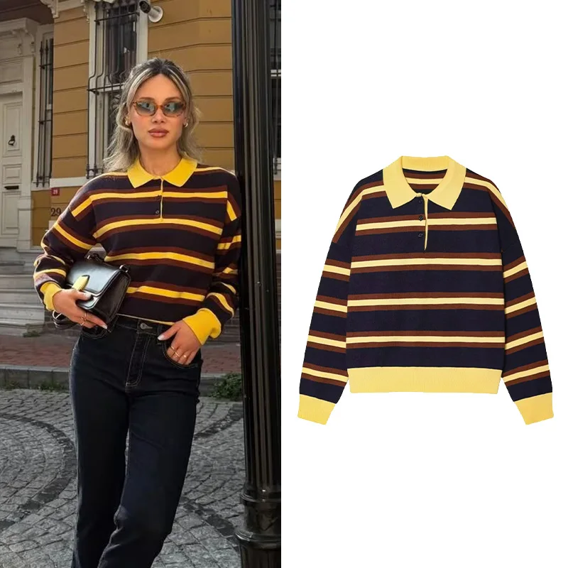 

Women Striped Knit Sweater Spring Autumn Casual Loose Polo Shirt Long Sleeves Jumper Simple Ribbed Trims Female Chic Tops