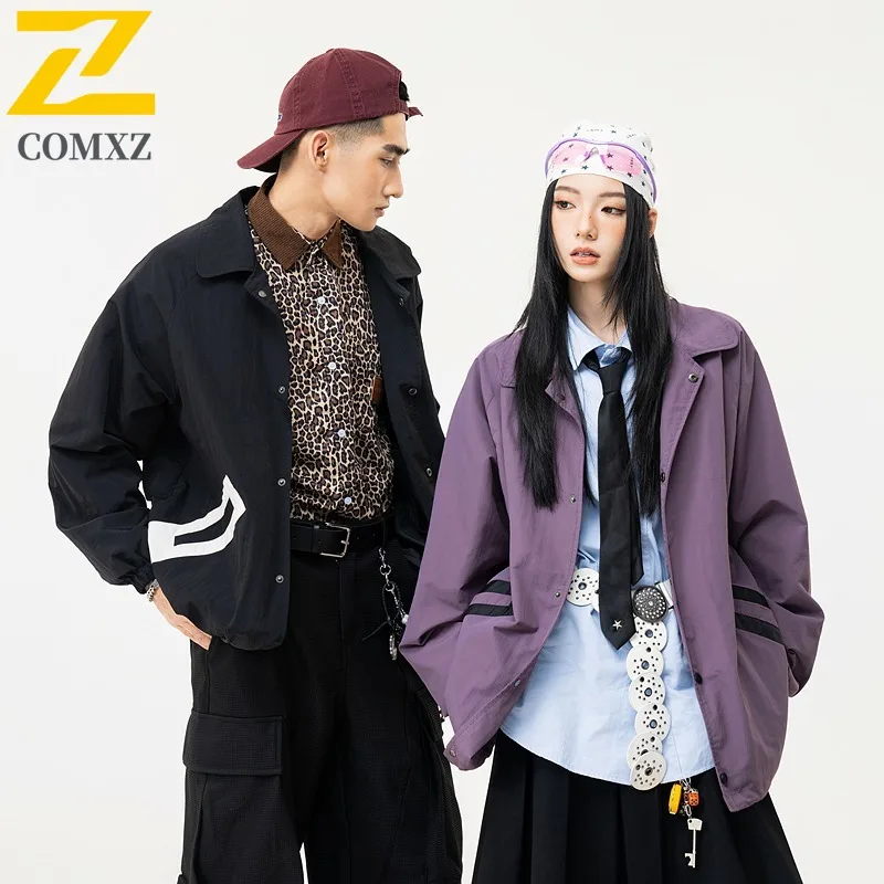 

COMXZ 2025 Мужская и женская куртка с воротником-стойкой для пары, осеннее простое повседневное молодежное бейсбольное пальто в японском деловом стиле, модное пальто