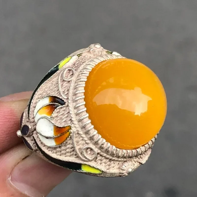 Vintage Cloisonne Thumb Ring, Old Silver Patina Brass Inlaid Yellow Gemstone Adjustable Open Unisex Collectible Jewelry