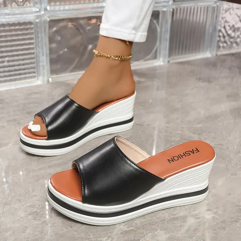 

Luxury Women Slippers Retro Wedge Sandals Fish Mouth High Heels Shoes Women Thick Bottom Large Size Women Shoes Zapatos De Mujer