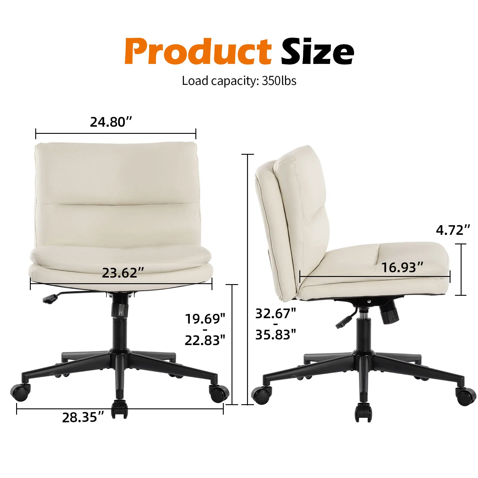 Office Chair Armless Desk Chair with Wheels, PU Padded Wide Seat Home Office Chairs, 120° Rocking Mid Back Cute Computer Chair f