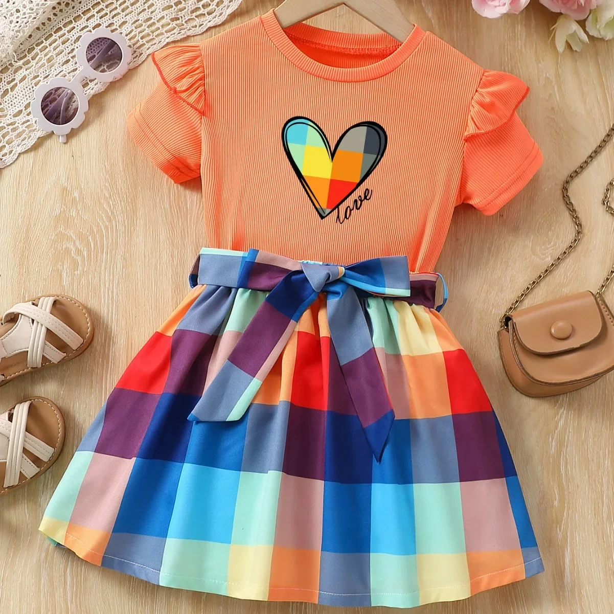 Conjunto de ropa informal para niños y niñas, camiseta de manga corta con estampado de corazón y falda a cuadros, ropa de dos piezas para verano, 2024