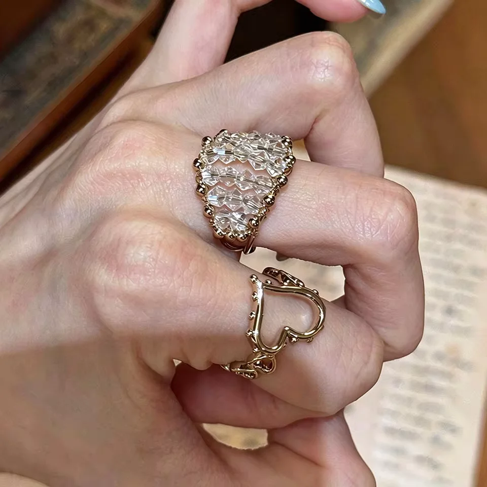 2PCS Retro Ornate Coffee-Gold Color Stackable Rings Set Antique Aesthetic Rhinestone Ring  Design Women Party Jewelry
