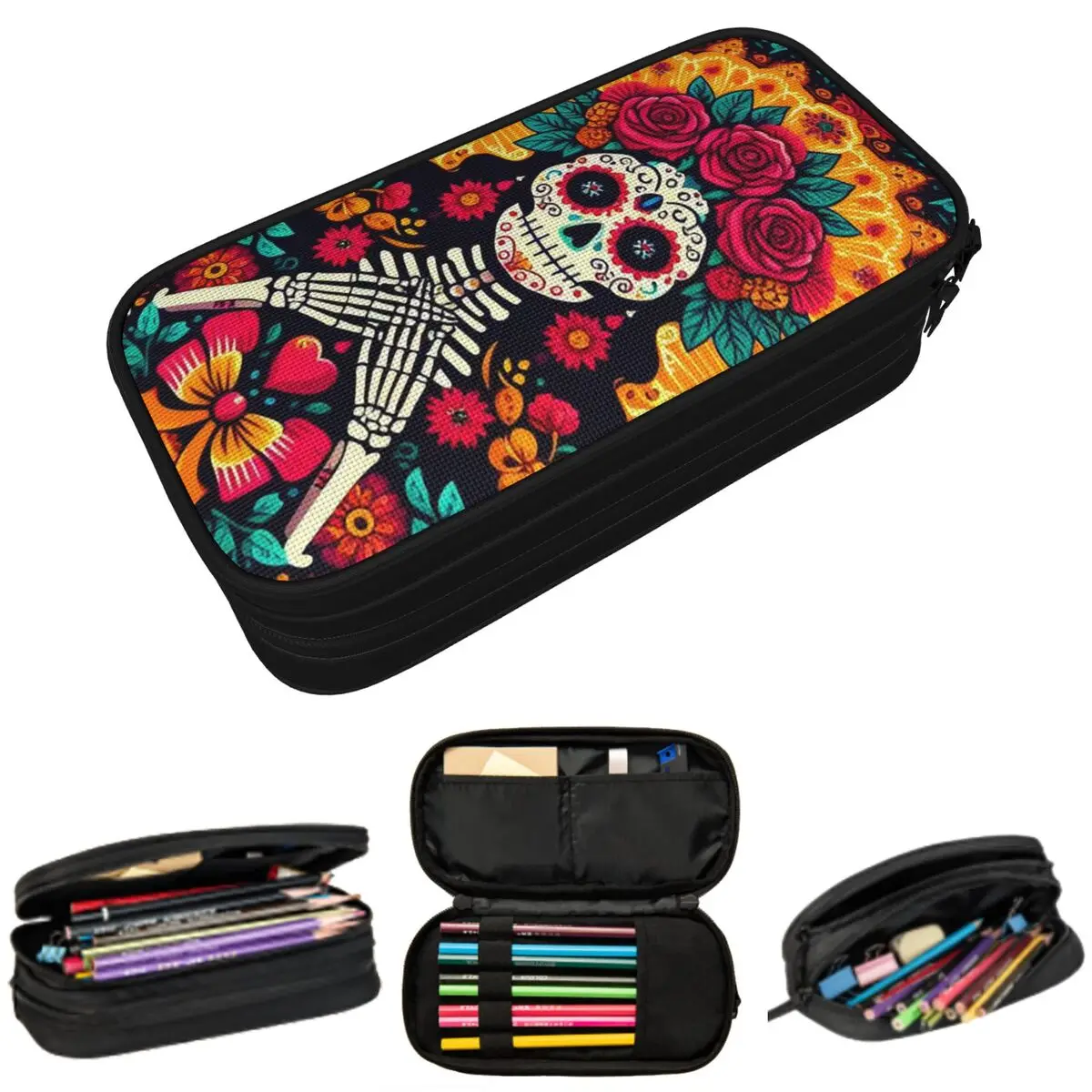 

Mexican Sugar Skulls And Flowers Pencil Case for Studen Gifts Pen Box Pencil Bag Stationery Supplies Pen Holder Bag