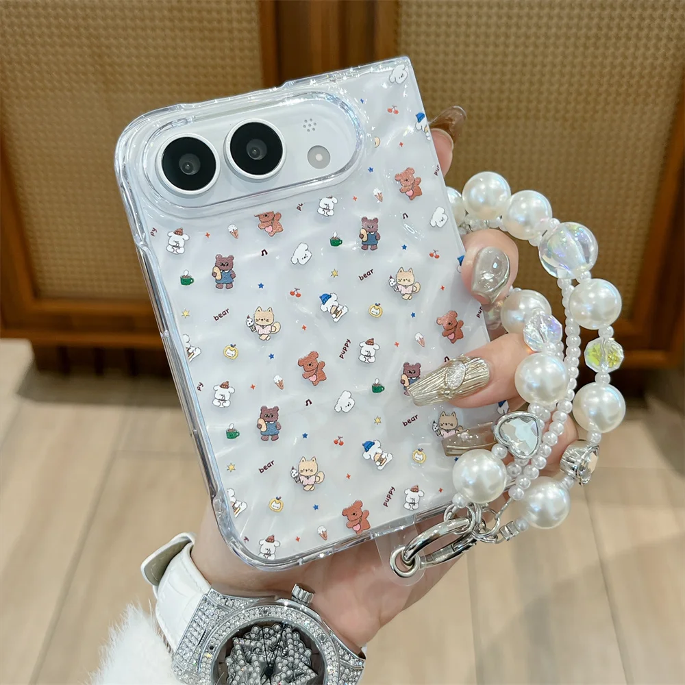 Cute Mini Bear All‑over Print Phone Case For iPhone Ultra Fold Water‑Ripple Shell Pearl Bead Shockproof Hard Cover For Girls