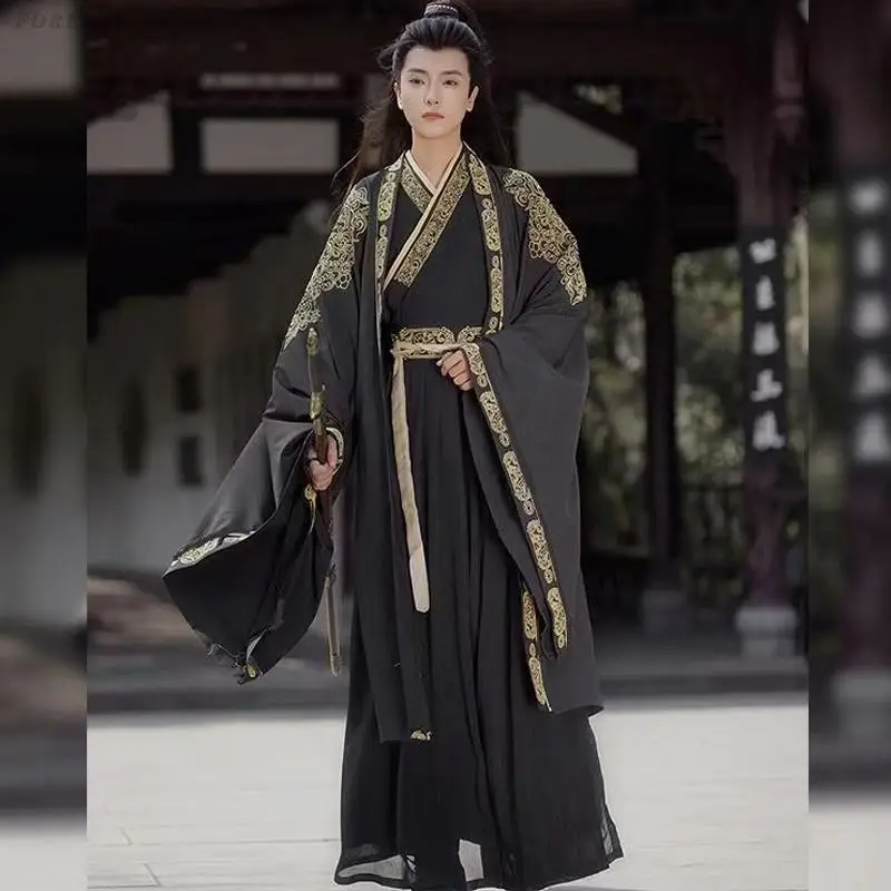 

Men Wei Jin Hanfu Set Traditional Chiense Ancient Cross Collar Embroidery Top Skirt Vintage Royal Knight Cosplay Clothing