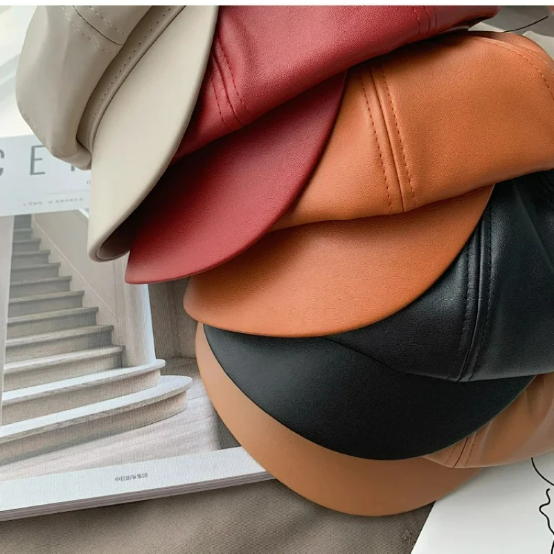 Women Leather Beret with Brim Octagonal Beret Cap Hat Gatsby Peaked Hats Autumn and Winter Street Style