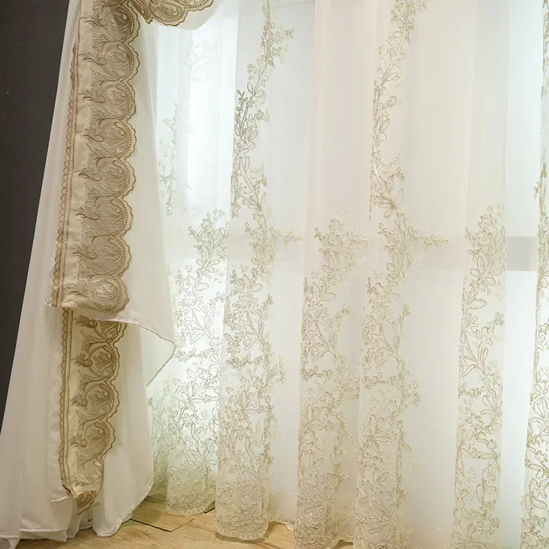 European Embroidered Tulle White Wedding Curtains for Living Dining Room Bedroom Luxury Side Lace Yarn Villa Window Customize
