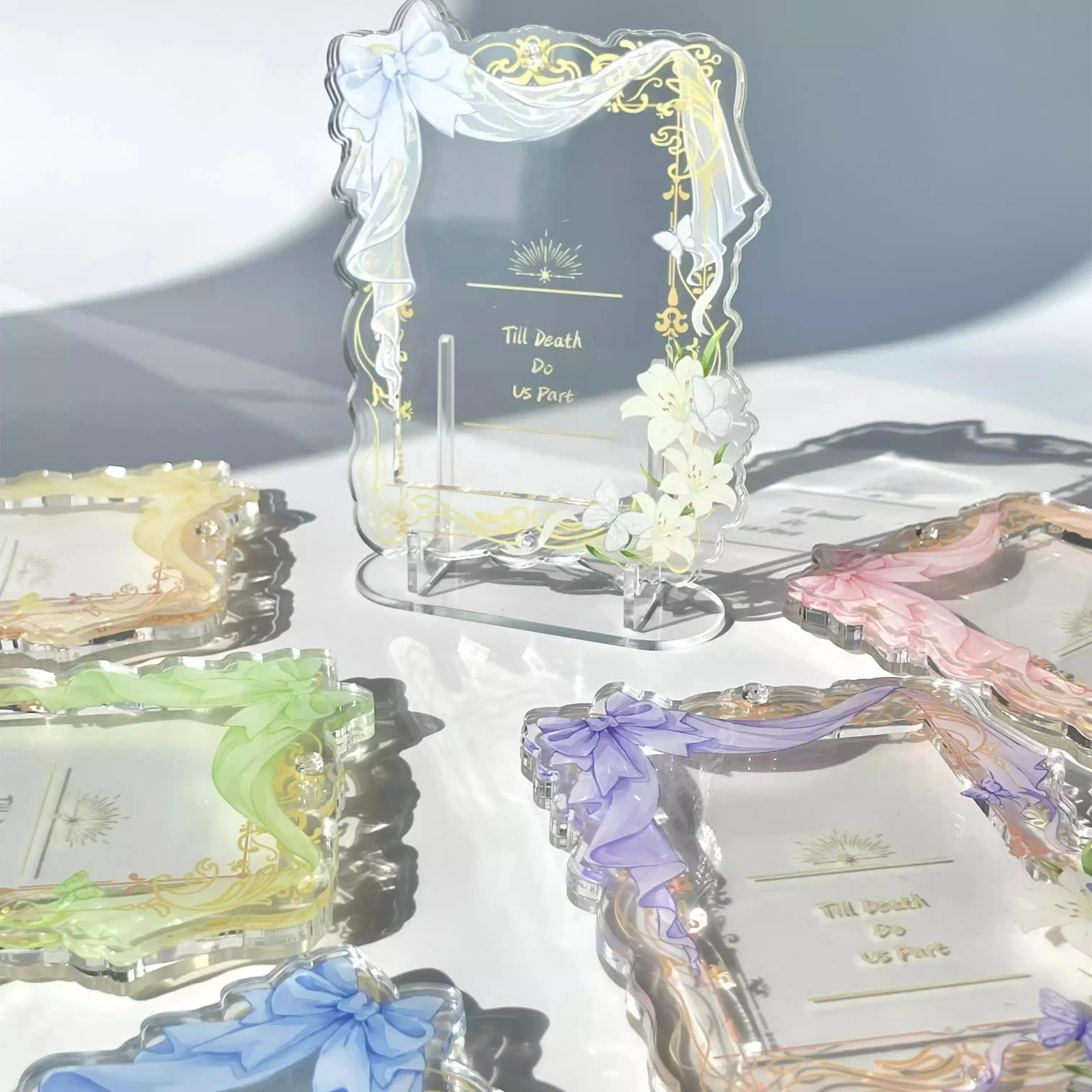 Romantic Golden Lily Bow Multi-layer Acrylic Frame, Card Holder for 3inch Kpop Small Photocard, Desktop Display Decoration