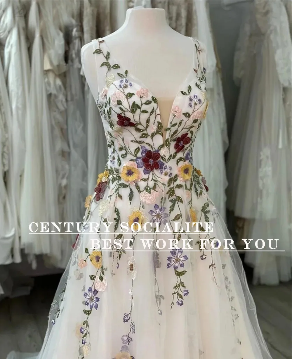 Colorful Embroidered Floral Wedding Dress Flowers V Neck Backless A Line Rustic Bridal Gowns Robe de Mariee 2025 Customized