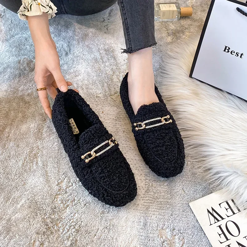 Femme Winter Cotton Shoes Luxury Lambwool Moccasins Warm Plush Loafers Ladies Winter Slip on Furry Flats Shoes Zapatillas Mujer