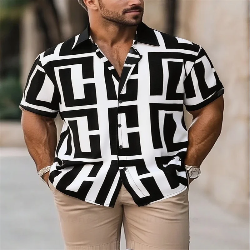 جديد الرجال أنيقة هندسية طباعة قميص عارضة أزياء الصيف التلبيب قصيرة الأكمام قميص رائعة قطع ملابس للرجال