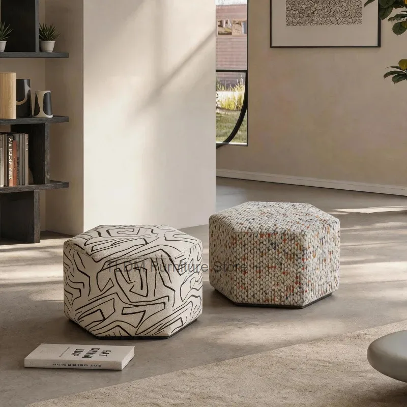 Hexagonal Fabric Pouf Ottoman Thick Padded Floor Stool Geometric Pattern Decorative Foot Rest Cube Seat for Living Room
