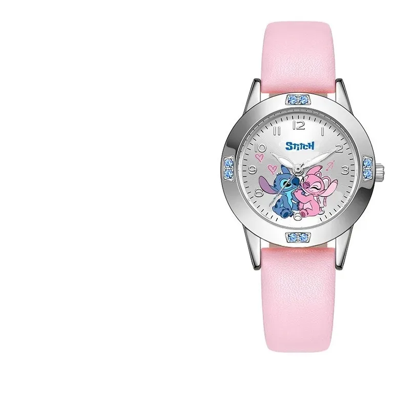 Montres Disney CAN o & Stitch pour filles, diamant, montre à quartz, dessin animé mignon, bracelet en cuir, ceinture en acier, cadeau pour enfant, mode