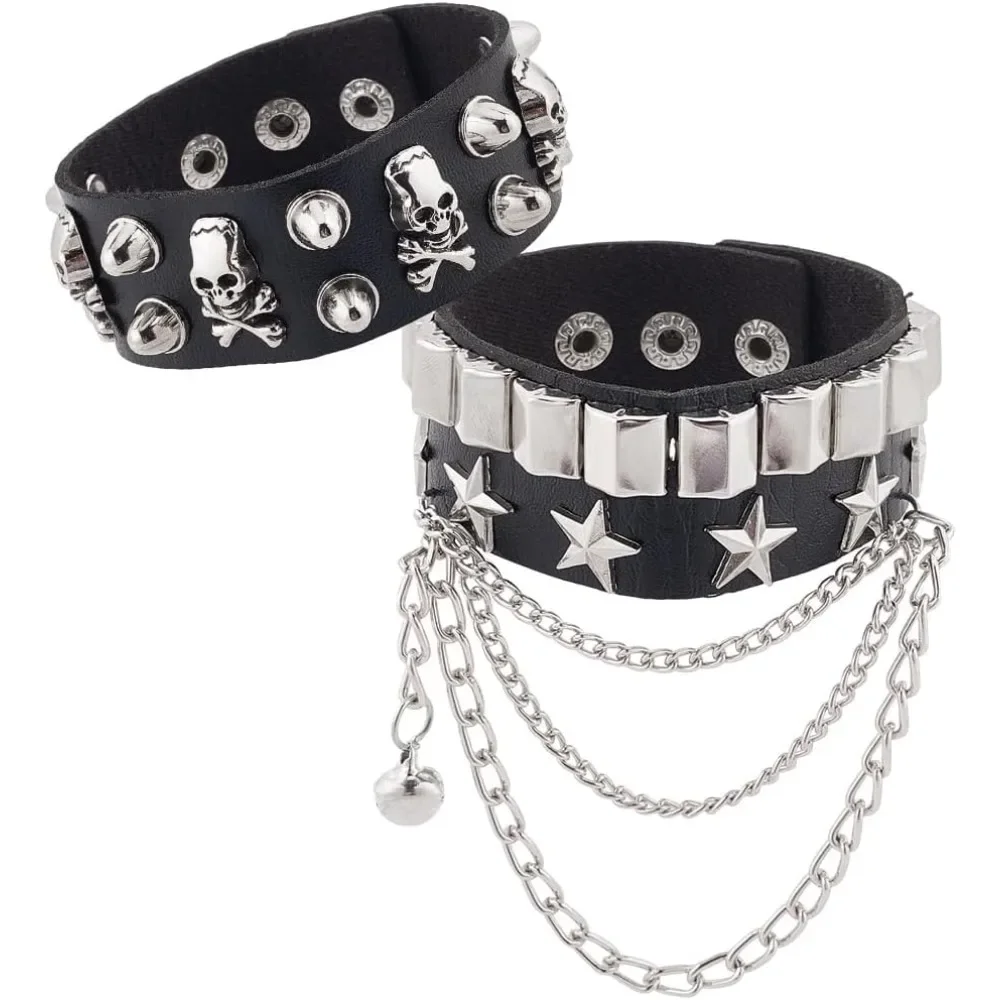 2pcs Black PU Leather Rivets Bracelet Punk Rock Gothic Cuff Wrap Wristband with Silver Bell Chain Adjustable Bangle Arm Band Men