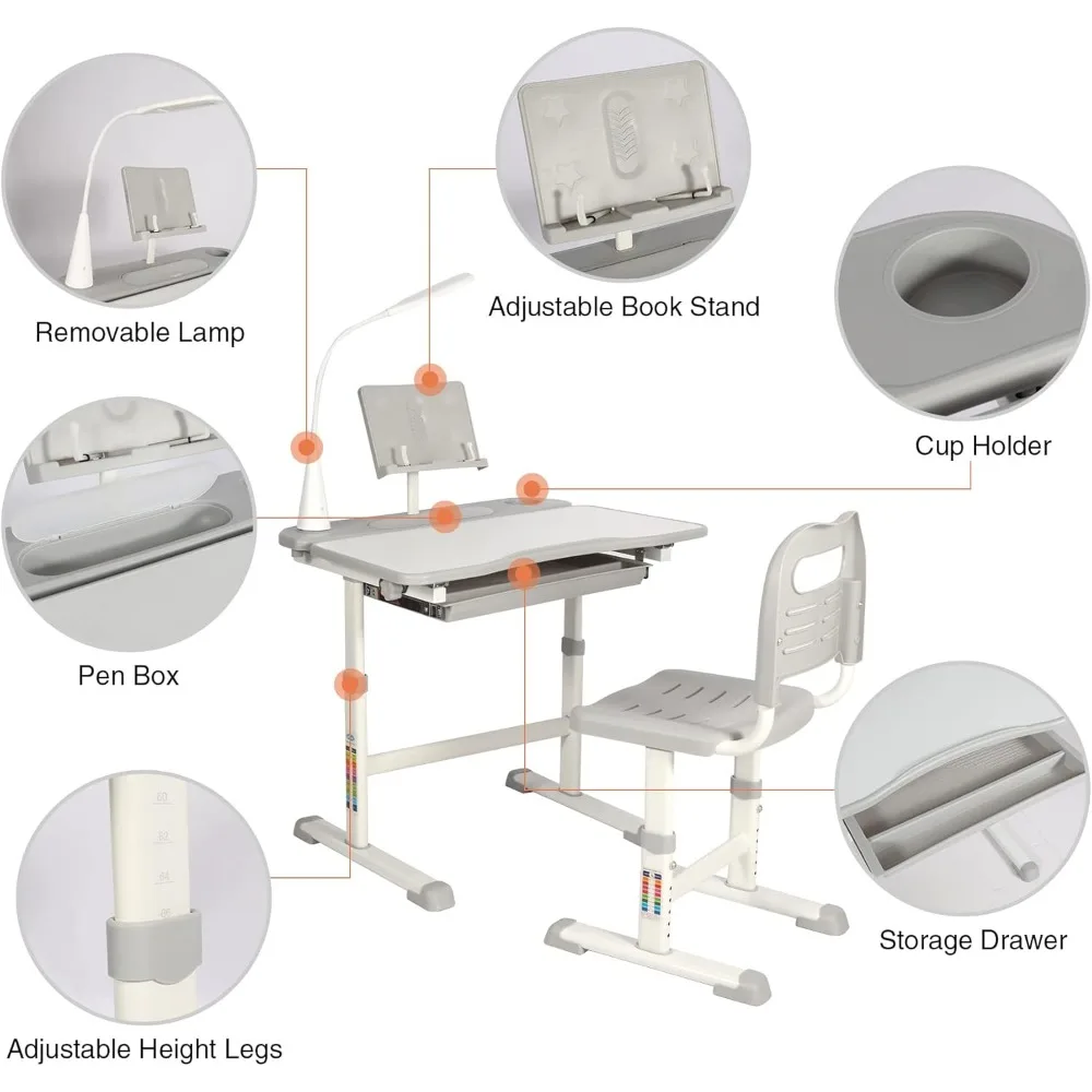 طقم مكتب وكرسي للأطفال قابل للتعديل للارتفاع للدراسة المنزلية مع مساحة تخزين وإضاءة LED وحامل أكواب وحامل كتب