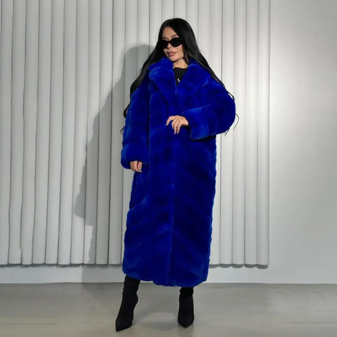 New Women Luxury Real Rex Rabbit Fur Long Coat Lapel Female Winter Elegant Genuine Fur Thick Overcoat Warm Real Fur Outwear