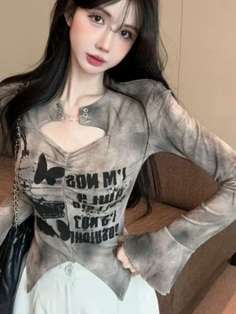 Slim Fit Long Sleeve T-Shirt Women's Spring Summer Fashionable Print Base Shirt Slimming Effect Korean Style round Neck Tee