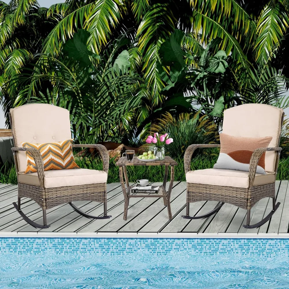 

3-Piece Patio Furniture Set,Outdoor Rocking Chairs Set of 2, Patio Conversation Set with 2 Wicker Chairs with Rattan Coffee Tabl