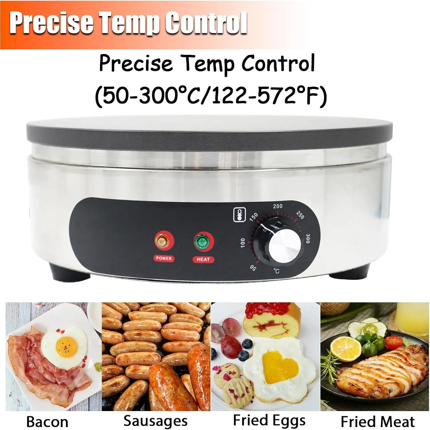 Electric Crepe Maker 16" Non-Stick Pancake Making Machine 110V 2.68HP Flat Plate Crepe Griddle50-300℃ Hot Plate Pancake Machine