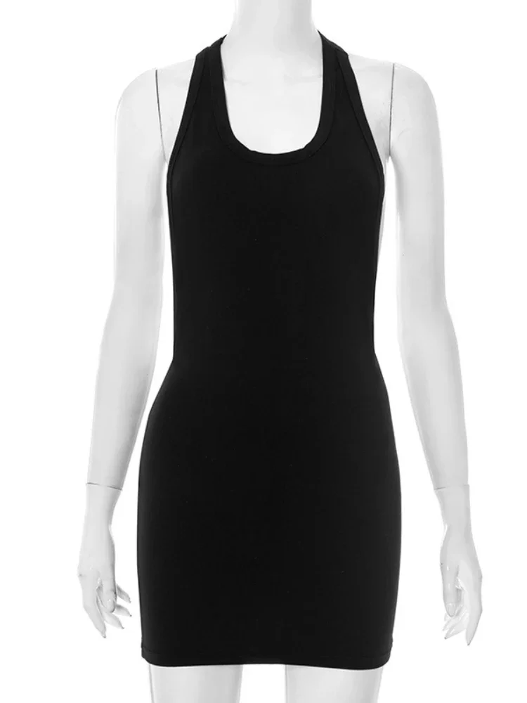 Damska Sukienka Bez Rękawów z Odkrytymi Plecami, Czarna, na Imprezę, do Klubu, Seksowna, z Wycięciami, Podkreślająca Biodra, Mini, Wakacyjna, Lato 2025