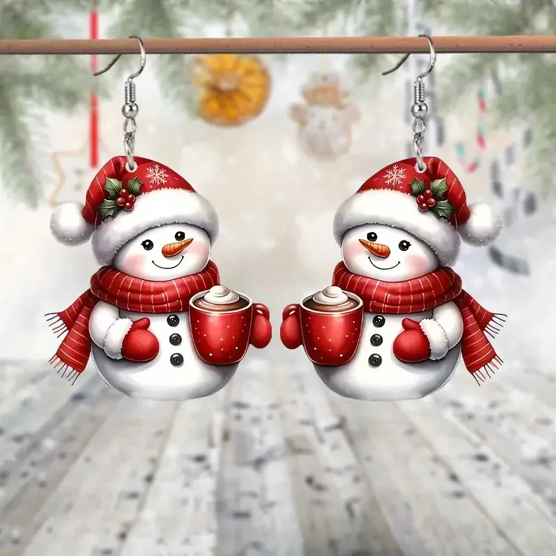 Snowman Christmas Acrylic 2D Flat Earrings for Woman Cute Cartoon Earrings Christmas Tree Snowflake Crystal Ball Earrings Not 3D - view 5
