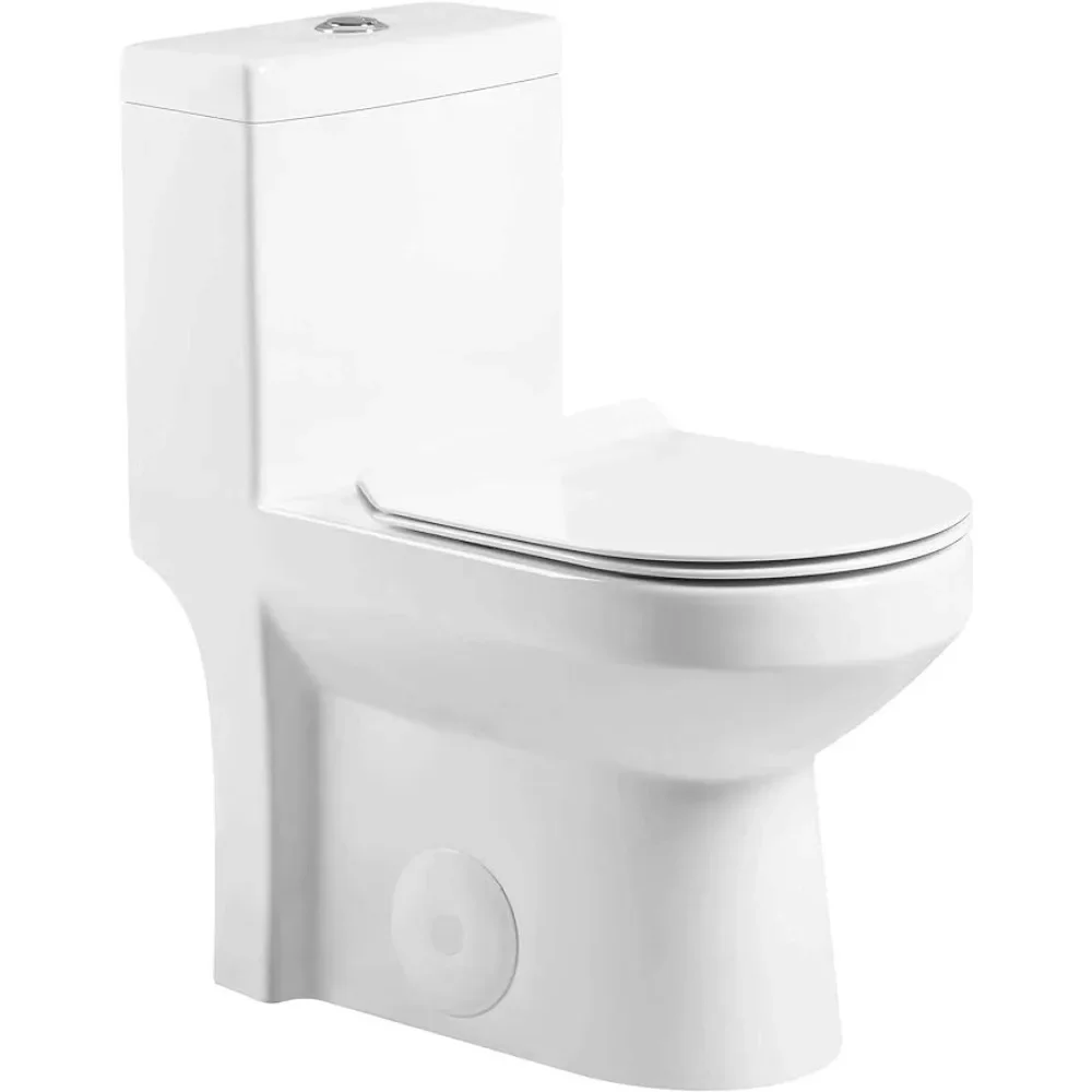 

Dual-Flush One-Piece Toilet with High-Efficiency Flush, 10" Rough-in, Round Seat - Small, Space Saver Design.
