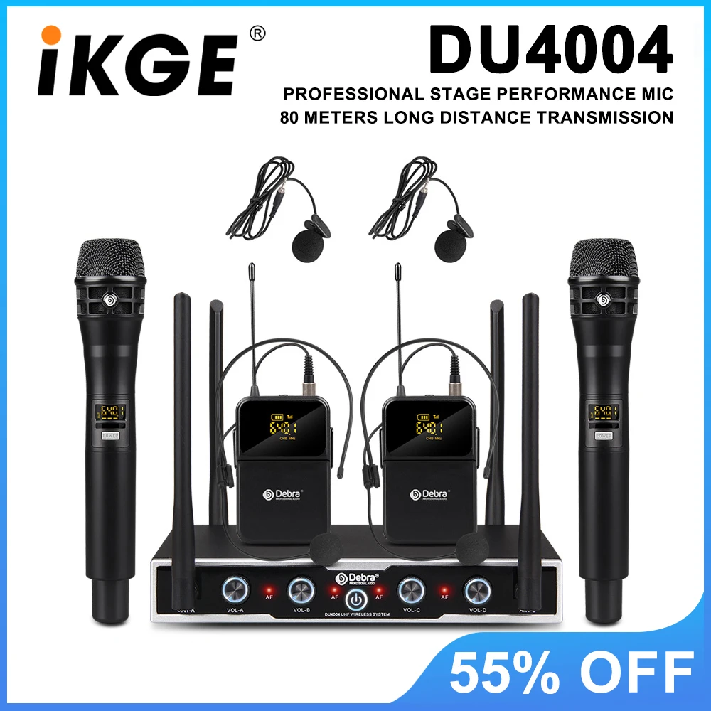 DU4004 UHF 4-Channel Wireless Conference Microphone, Lavalier, Handheld and Headset for Meetings, Presentations and Churches