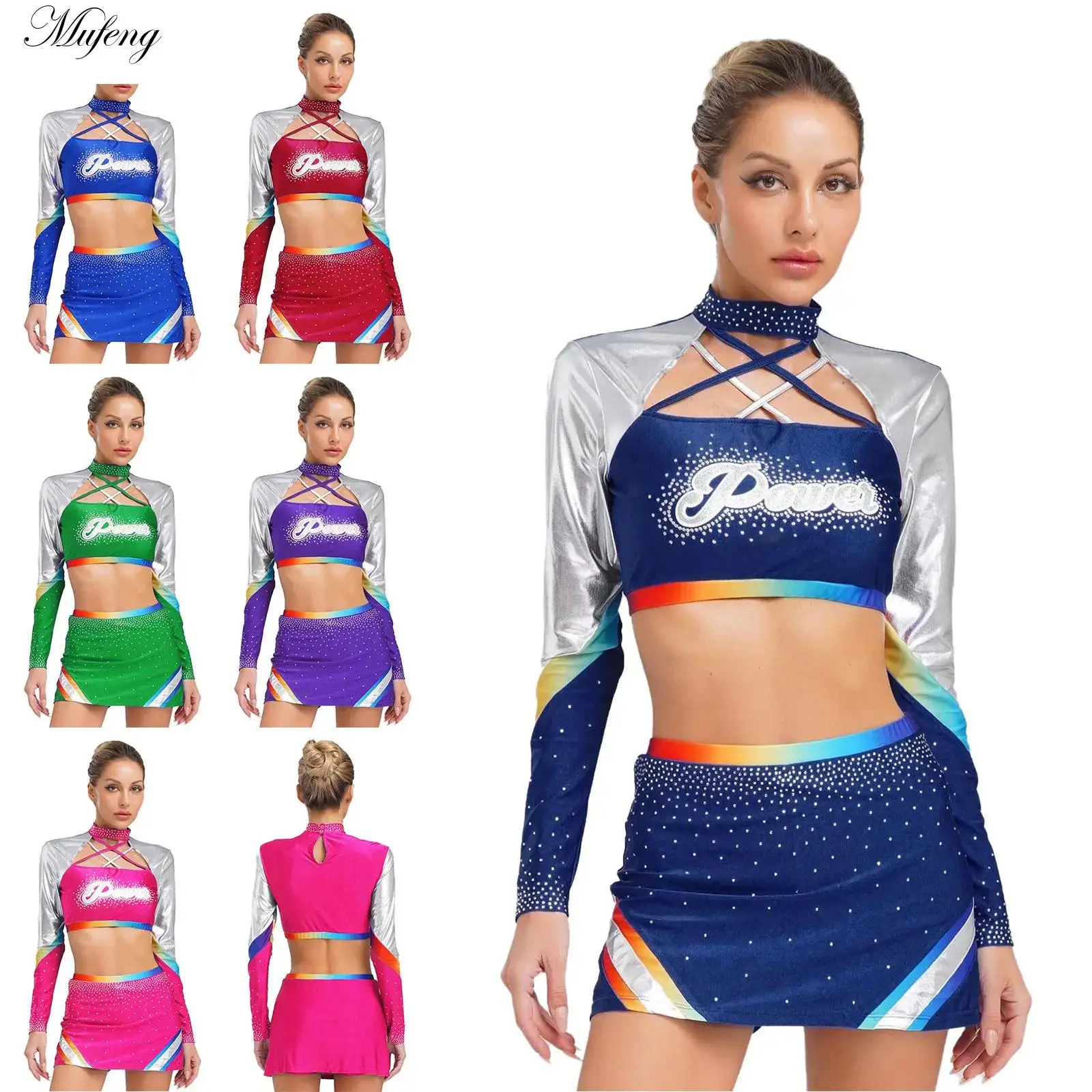 

Women Long Sleeve Cheerleading Uniform Set with Rhinestones Crop Top Dance Skirt Schoolgirl Cheering Team Game Dance Cheerleader