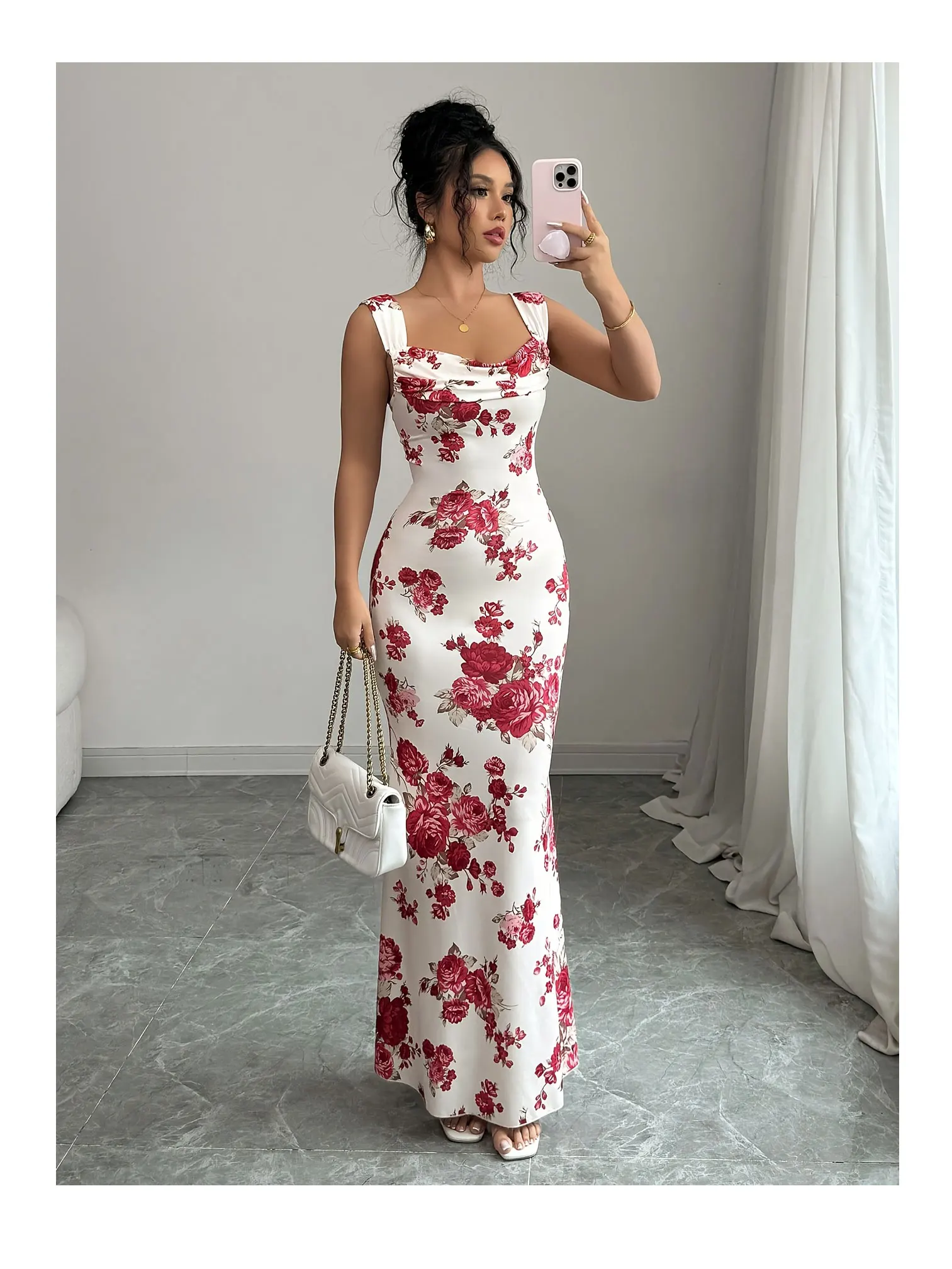 Francuska Sukienka na Ramiączkach w Stylu Vintage, Wyszczuplająca, z Nadrukiem, Letnia Moda Damska, Elegancka, Podkreślająca Biodra, z Niskim Dekoltem, Bez Rękawów, z Odkrytymi Ramionami.