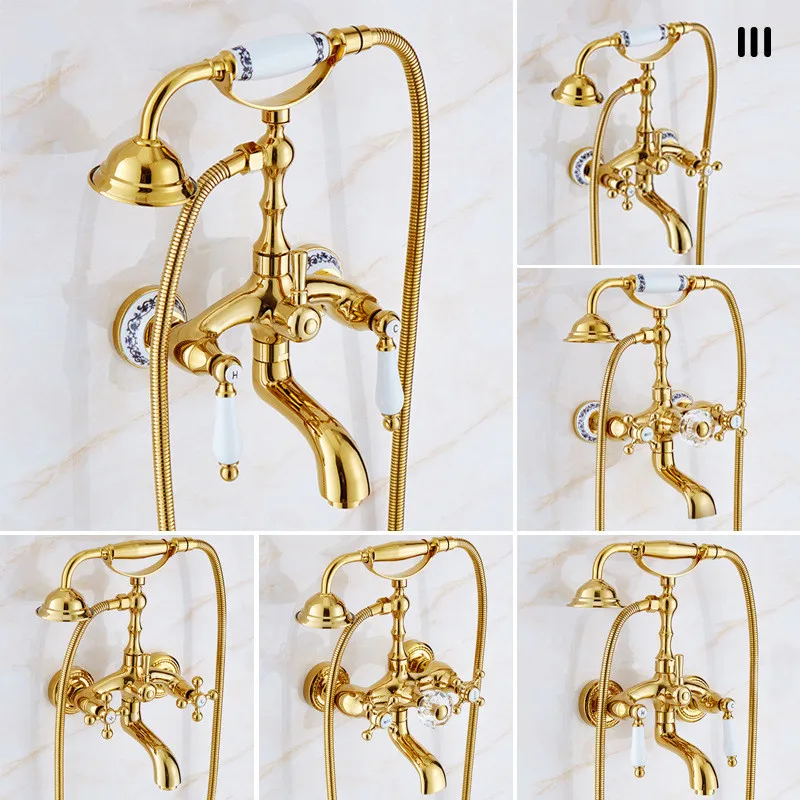 

Luxury Gold Bathroom Shower Faucet Brass Bathtub and Shower Faucet Wall-Mounted Bath and shower Faucet Classical Dual Handle