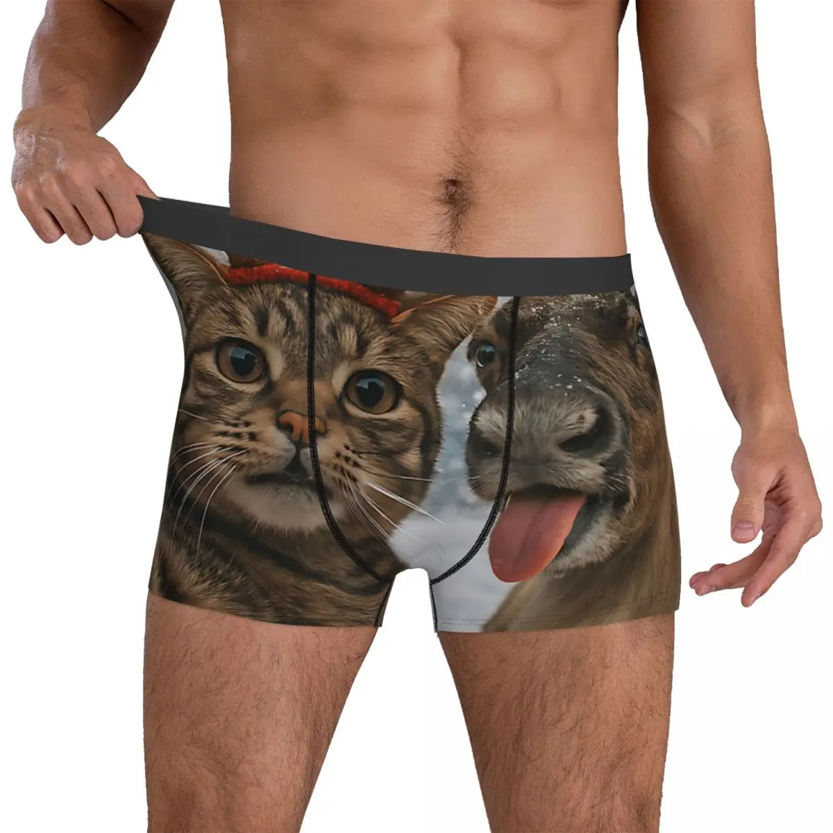 

Funny Cat Selfie With Reindeer Christmas Holiday Meme Underwear Breathable Underpants Custom DIY Boxer Brief 3D Pouch Boxershort