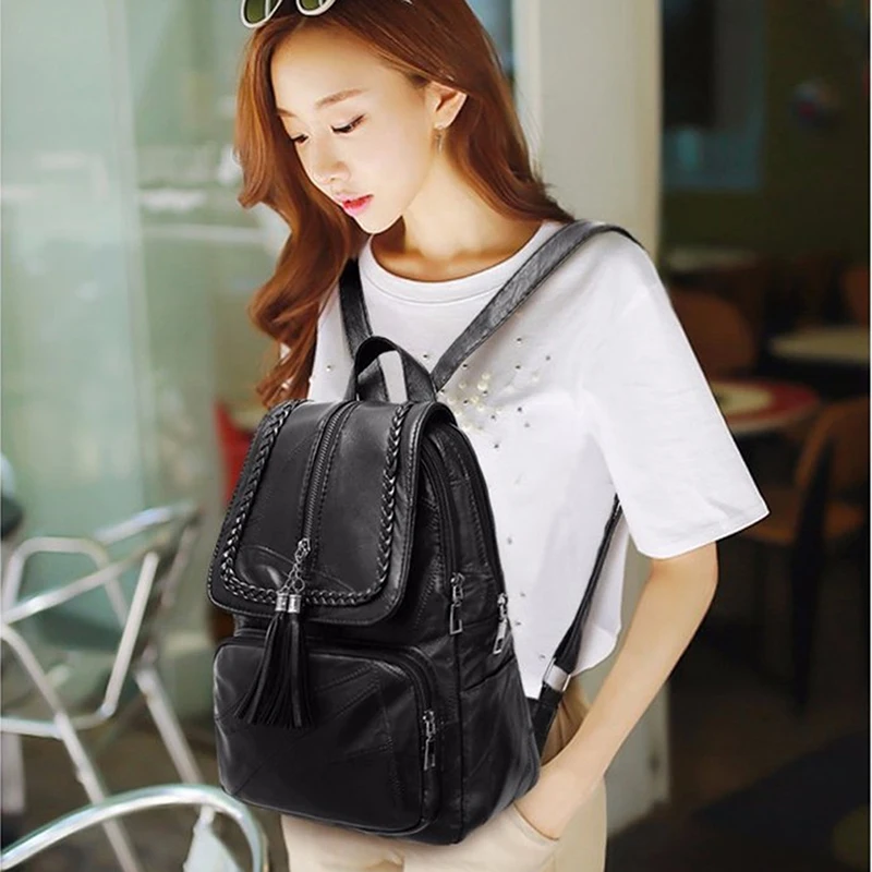 Women Backpack European American Fringed Solid Color Black Travel Large Capacity Birthday Gift Simple Fashion Zipper Bag