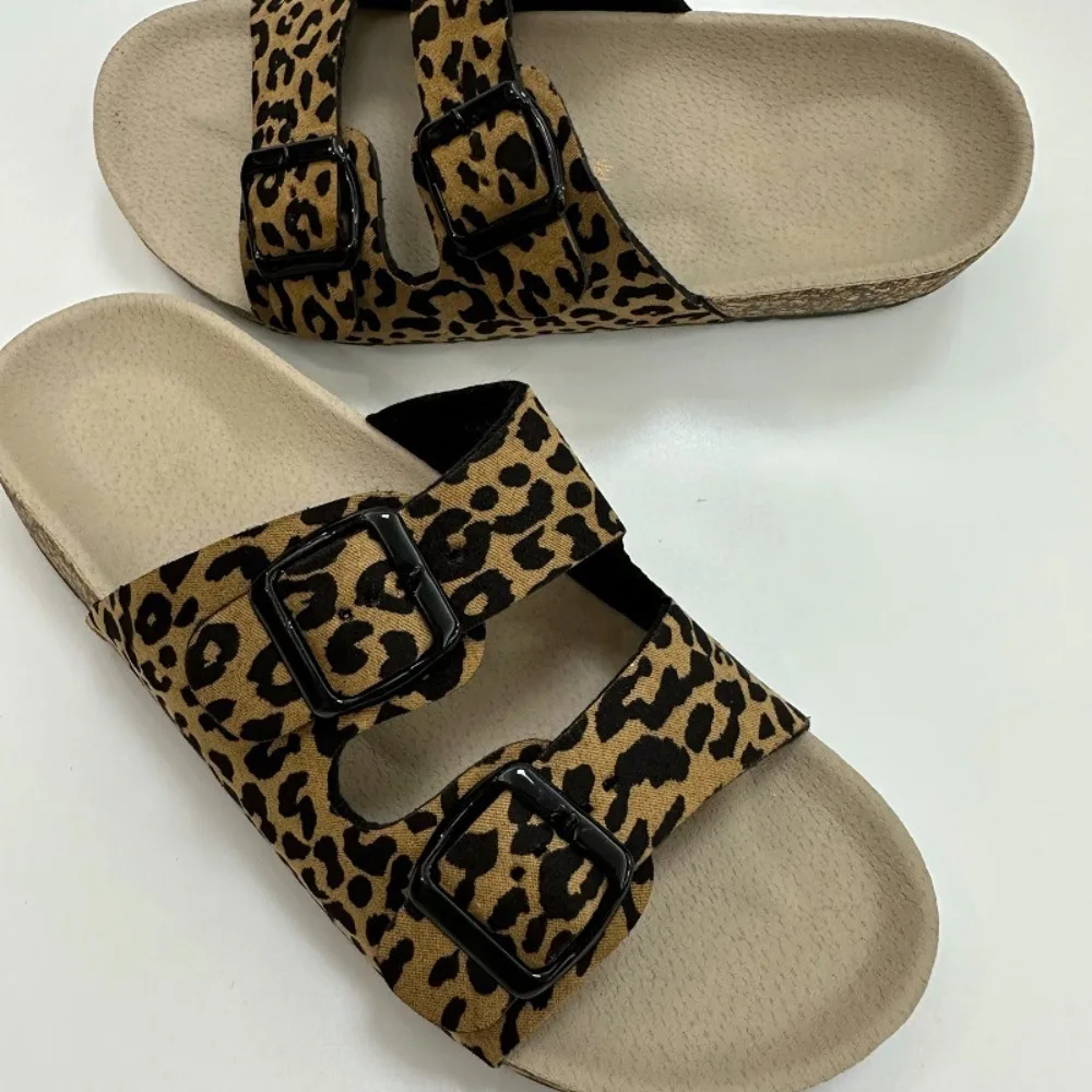 Women\'s Leopard Print Slippers Cork Slippers Women\'s Summer Non-slip Outdoor Flat Bottom Beach Sandals Woman Flat Slippers