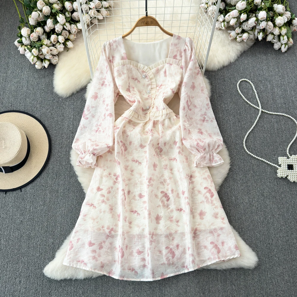 

Spring Women Floral Print Dress Long Sleeve Square Collar Temperament Female Slim A-Line Soft Long Vestidos