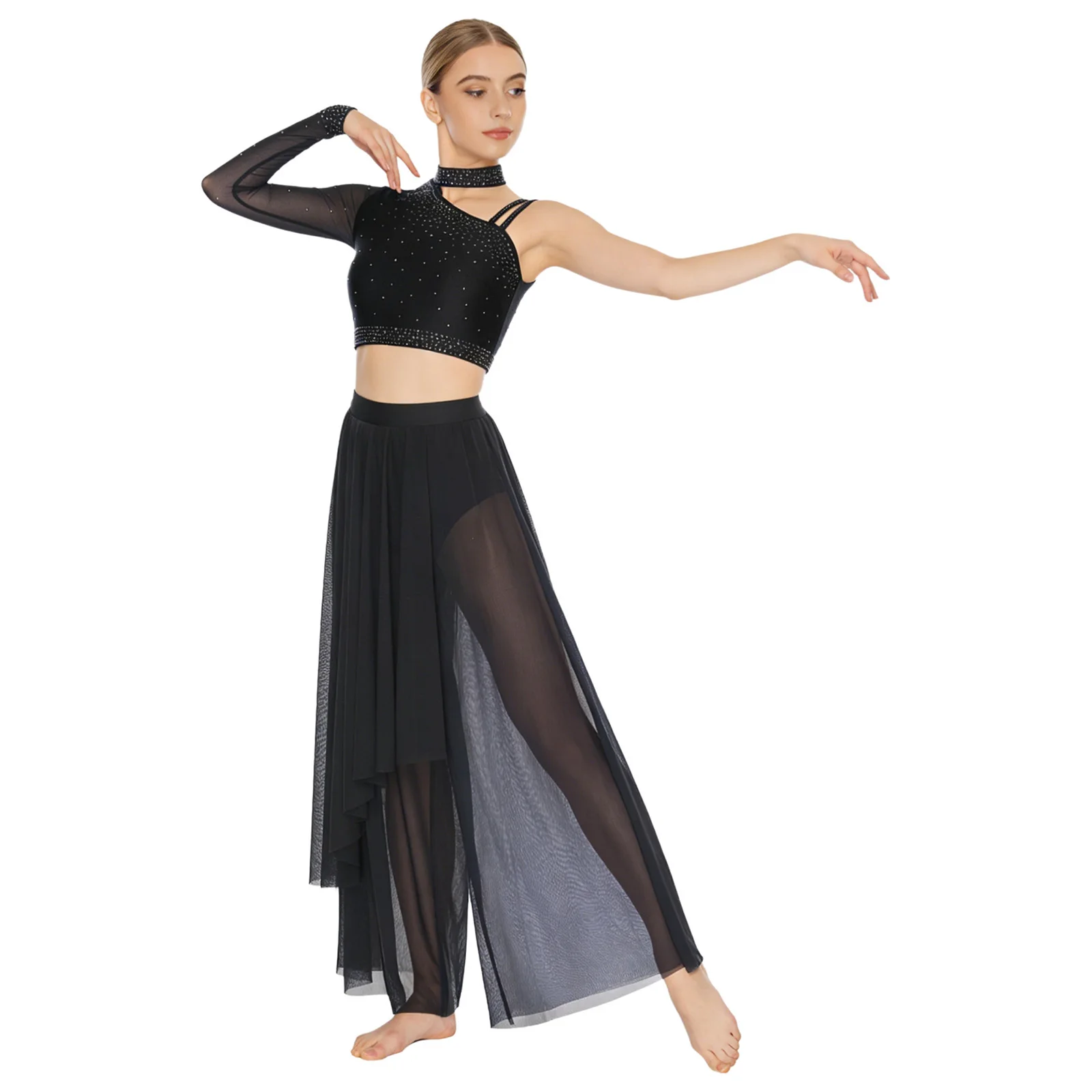 

Women Modern Lyrical Dance Costume One-shoulder Shiny Rhinestone Crop Top with Skirt Leotard Ballet Skating Gymnastics Dancewear