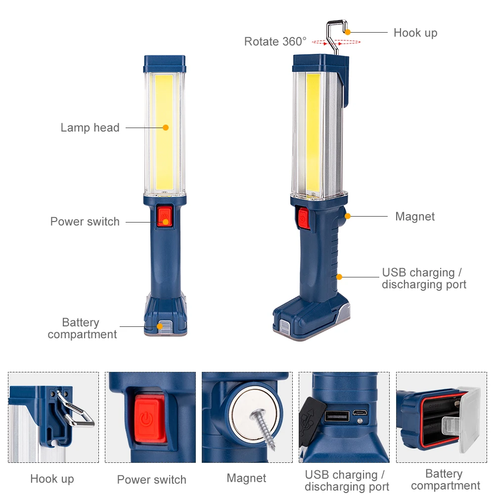 LED COB Flashlight Torch USB Rechargeable LED Work Light Magnetic COB Lanterna Hanging Hook Lamp For Outdoor Camping