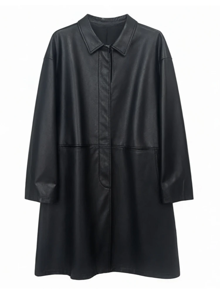 Casual Long PU Leather Jaet Women's Turn-down Collar Windproof Outerwear Faionable And Comfortable Youth Spring Faion