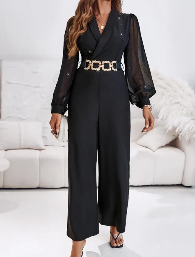 Women's Jumpsuit Plunge Rhinestone Chiffon Patchwork Long Sleeve Casual Zipper Jumpsuit Simple Commuting Style Elegant Jumpsuit
