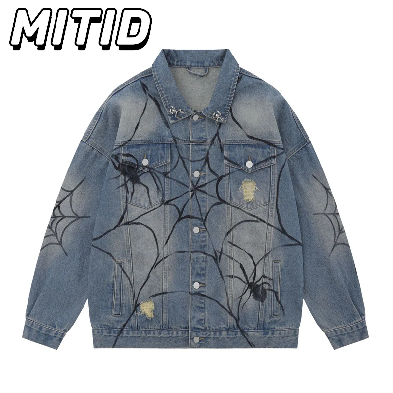 

High Street Streetwear Jackets For Men Fashion Retro Blue Vintage Hip Hop Casual Spider Web Print Youth Trendy Coat Men Clothing