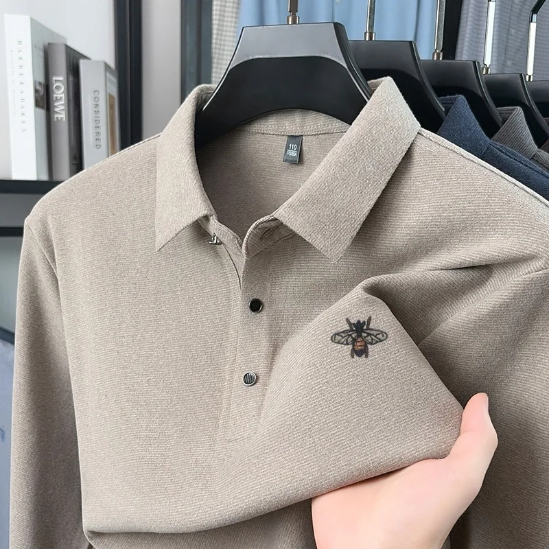 Luxury Quality Men's Embroidered Polo Shirt Wrinkle Resistant Lapel Solid Color Long Sleeved T-Shirt Fashion Commute Men's Wear