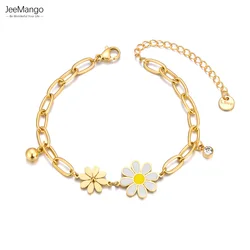 JeeMango 316L Stainless Steel Fashion Cz Crystal Flower Charm Bracelet For Women 18K Gold Plated Chain Jewelry браслет JB23147