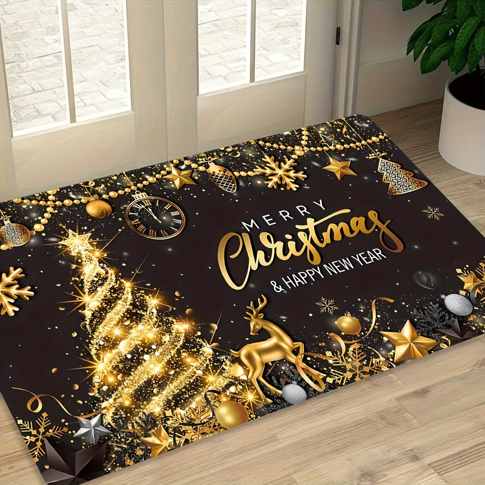 

Роскошный золотой коврик для двери с Рождеством и Новым годом, нескользящий напольный коврик с блестящим оленем для праздничного домашнего декора